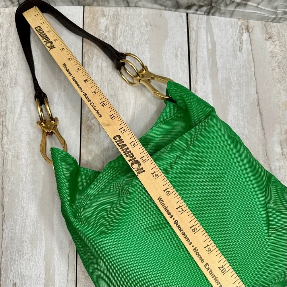 Vibrant Green Nylon Hobo Shoulder Bag Black Strap Gold Hardware Tote Bold Bright